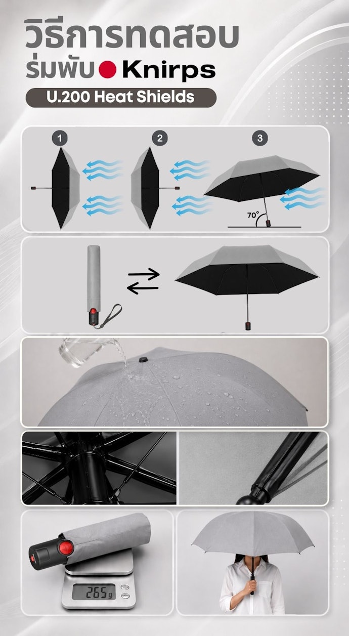 วิธีการทดสอบร่มพับ Knirps U.200 Heat Shields