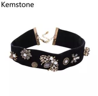4. Kemstone – Black Velvet Choker with Vintage Flower & Butterfly Pendants 1