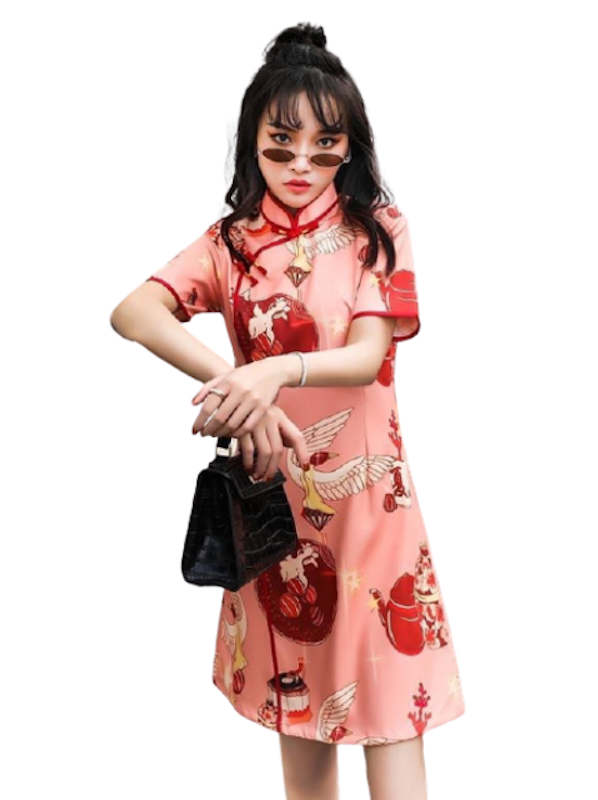 ชุดกี่เพ้า เดรสสั้นคอจีน ลายนกกระยาง สีชมพู/แดง 1