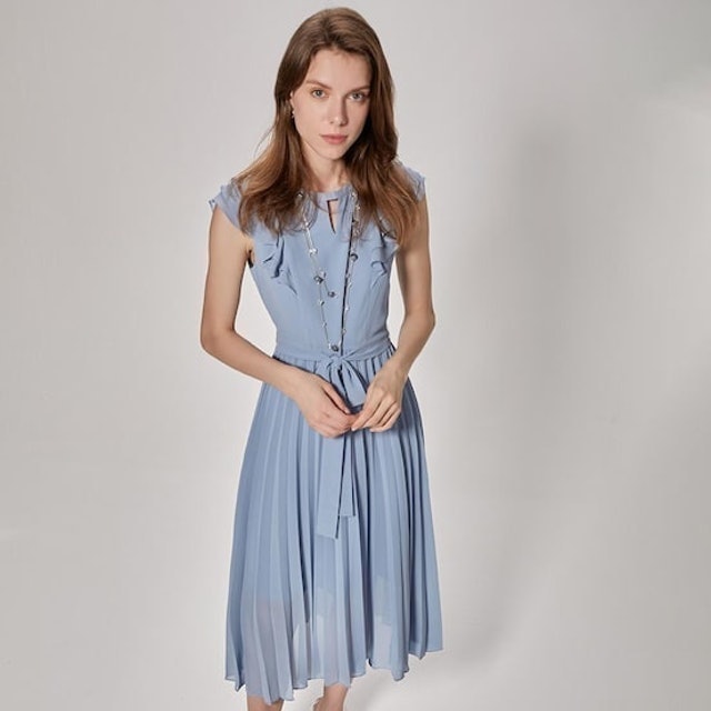 Sky Blue Pleated Dress W/NKL & Belt 2