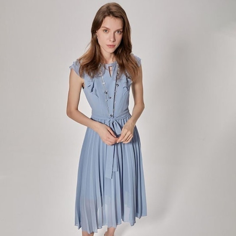 Sky Blue Pleated Dress W/NKL & Belt 2