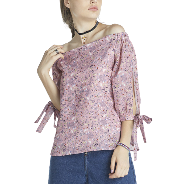 เสื้อลายดอก เสื้อเบลาส์เปิดไหล่ผู้หญิงสีชมพู 1