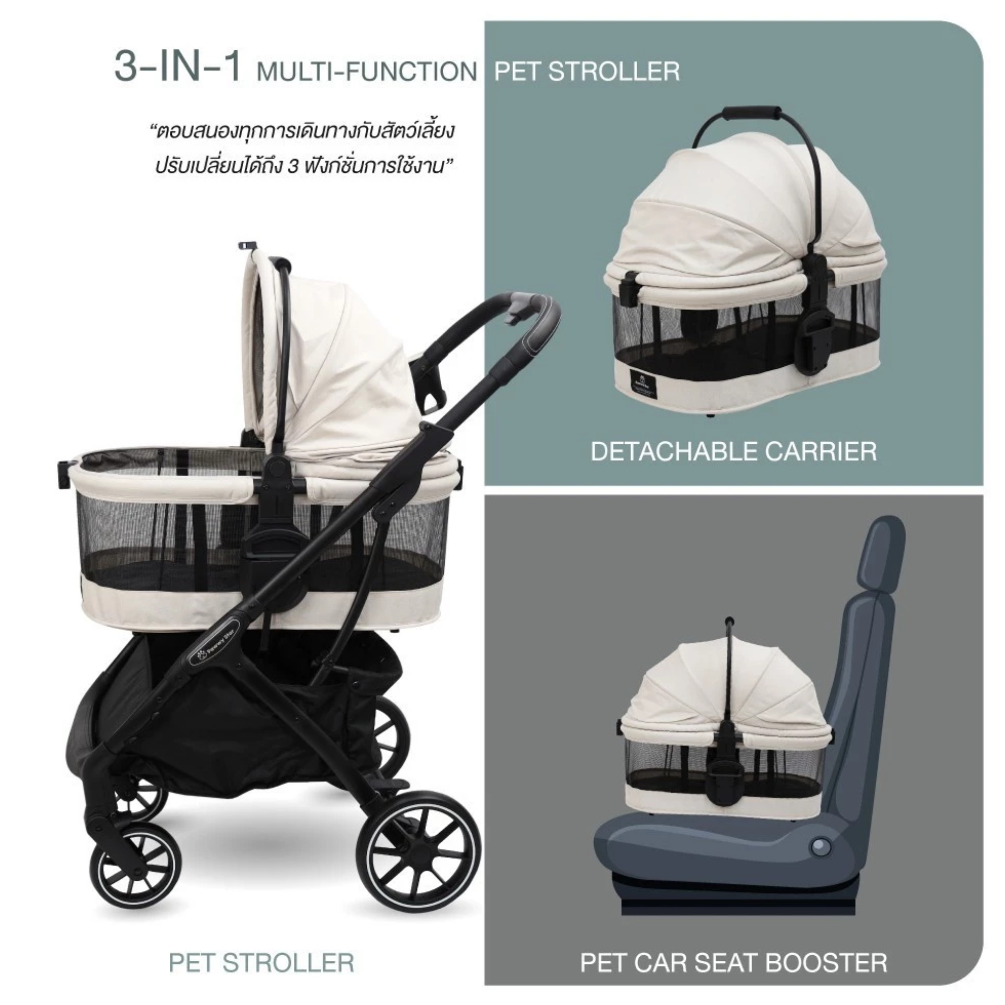 รถเข็นสัตว์เลี้ยงแบบ 3-in-1 Akita Pet Stroller 2