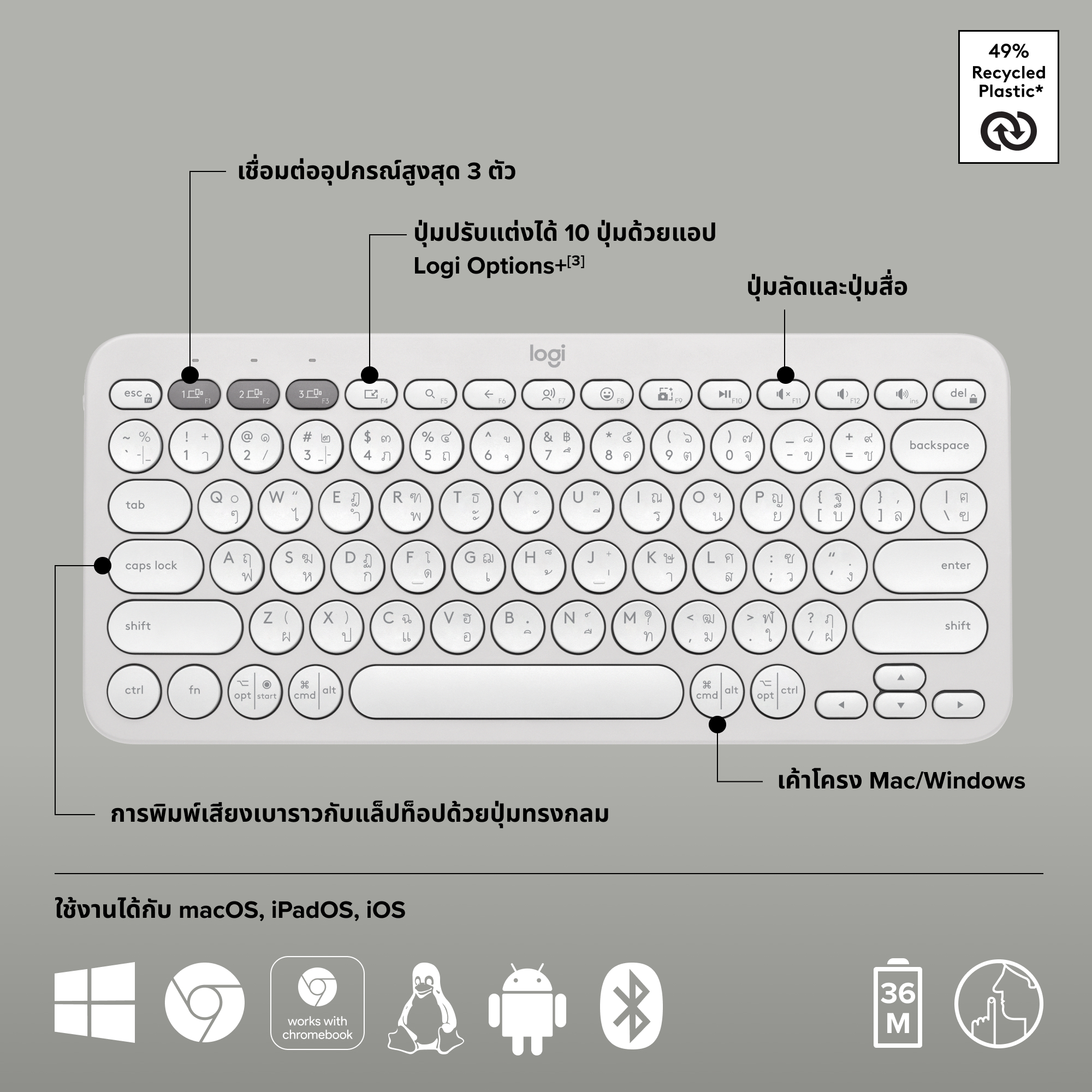 K380s Multi-Device Bluetooth Keyboard Off-White คีย์บอร์ดไร้สาย 3