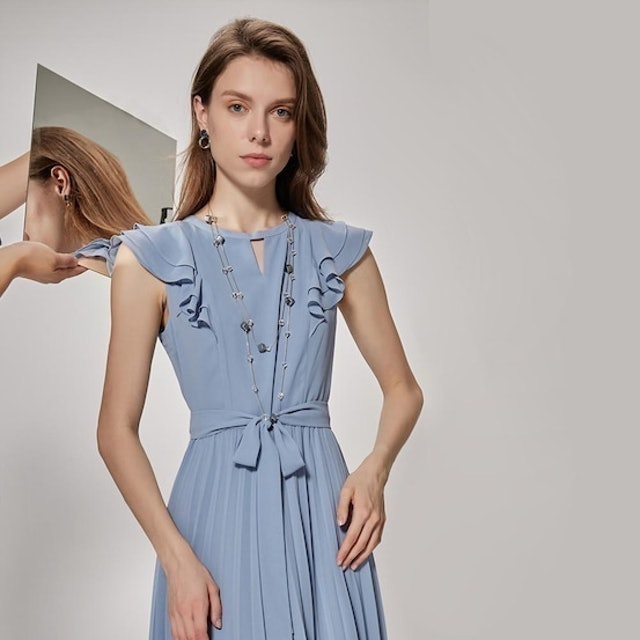 Sky Blue Pleated Dress W/NKL & Belt 3