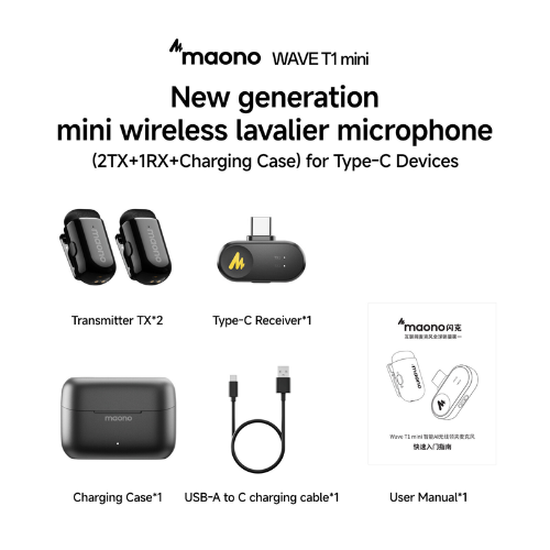 ไมโครโฟนไร้สายแบบหนีบเสื้อ รุ่น T1 Mini 2