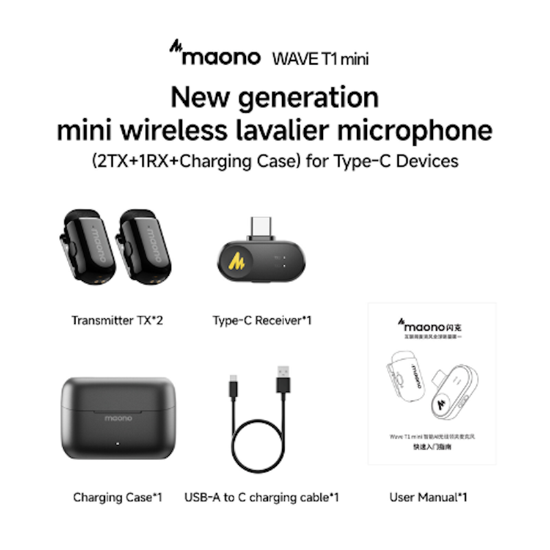 ไมโครโฟนไร้สายแบบหนีบเสื้อ รุ่น T1 Mini 2