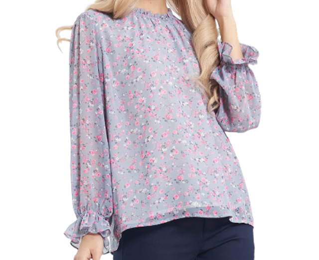 เสื้อลายดอก เสื้อชีฟองสม๊อคคอปลายแขนลายดอกไม้ 1