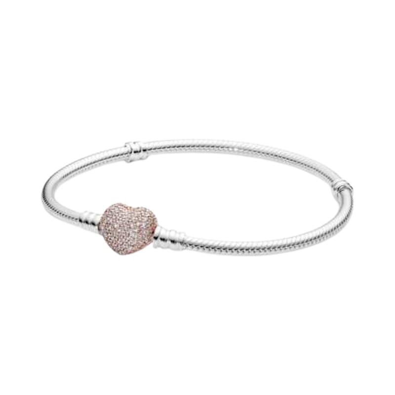 Snake Chain Silver Bracelet With PANDORA Rose Heart Clasp And Clear Cubic Zirconia 1