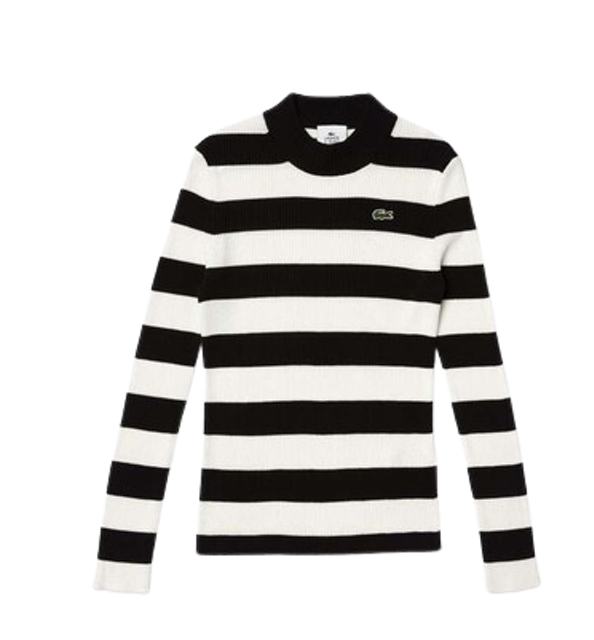 Women's Black Crew Neck Striped Ribbed Cotton Blend Sweater 1