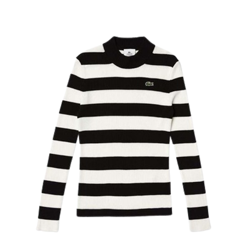 Women's Black Crew Neck Striped Ribbed Cotton Blend Sweater 1