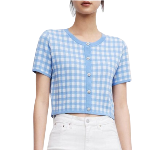 เสื้อไหมพรม กระดุมมุกลายตาราง - สีฟ้า 1