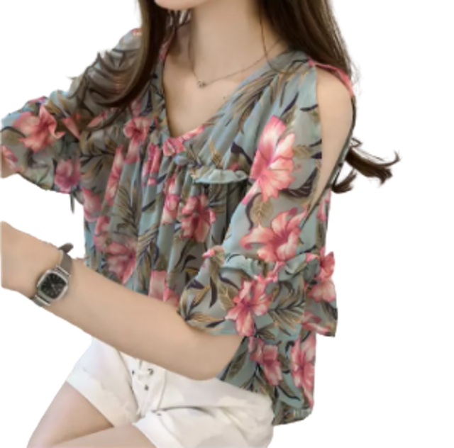 เสื้อซีฟองลายดอก แขน 3 ส่วน เว้าไหล่ 1