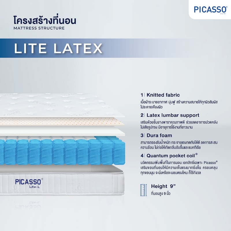 ที่นอนยางพารา+พ็อกเก็ตสปริง รุ่น Lite L 3.5 ฟุต หนา 9 นิ้ว 2