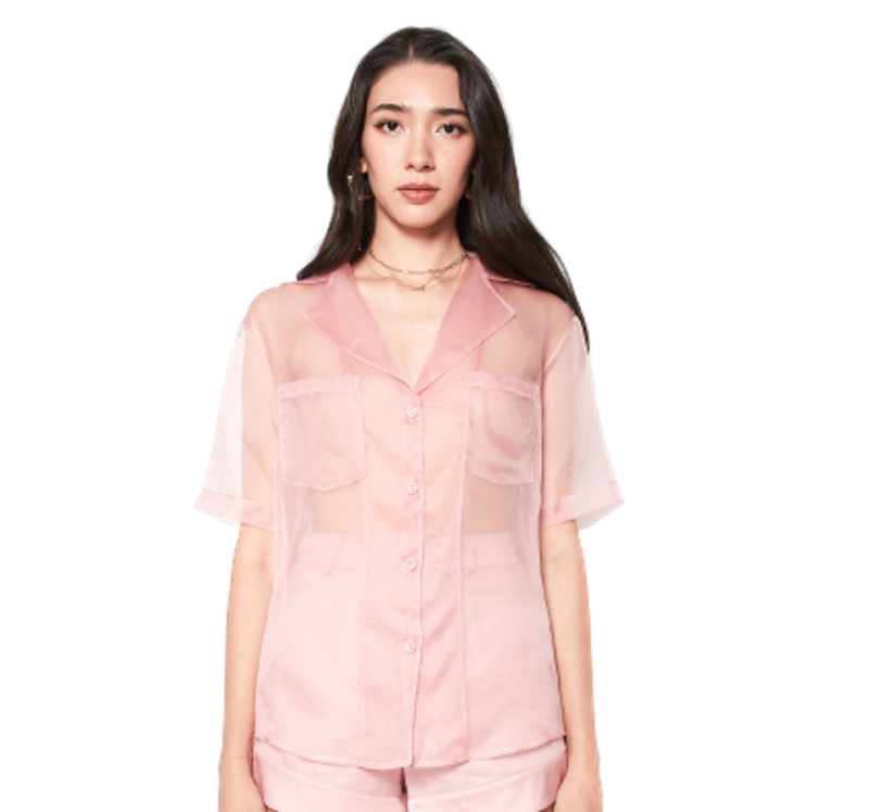 เสื้อซีทรู Organza Front Patch Pockets Short Sleeve See Through Shirt 2