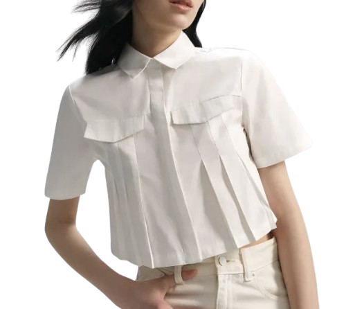 Cropped Short-Sleeve Blouse with Pleated Detail 1