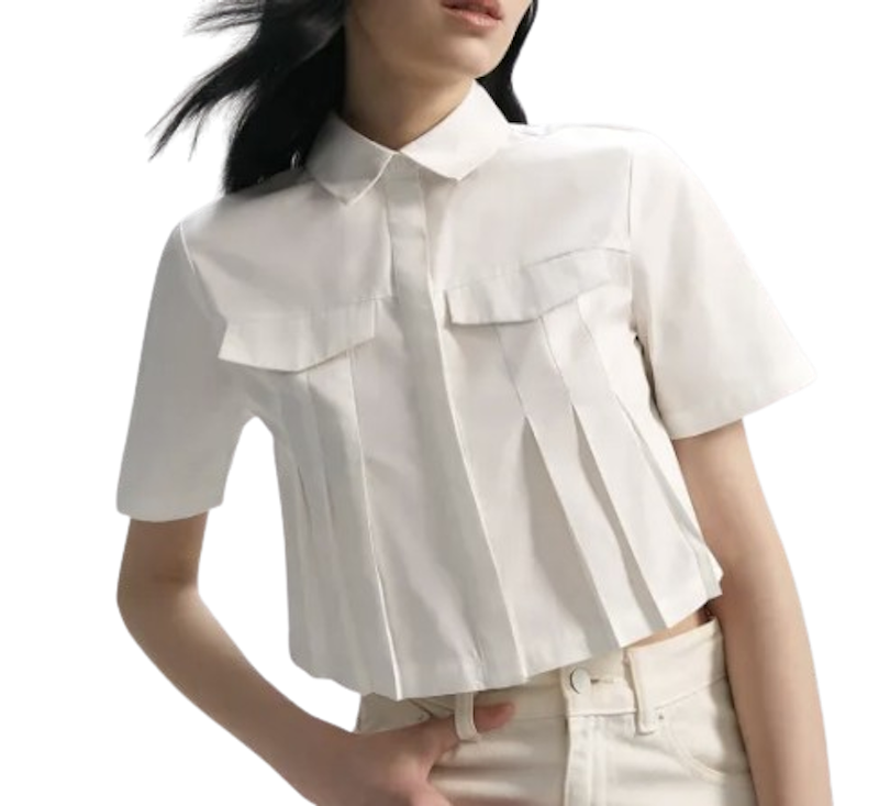 Cropped Short-Sleeve Blouse with Pleated Detail 1
