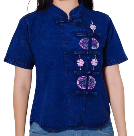 เสื้อม่อฮ่อมคอจีน กระดุมป้ายเข้ารูปปักลาย 1