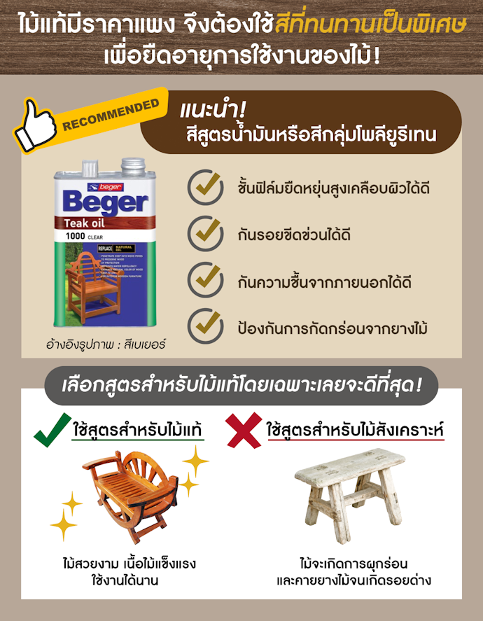 สำหรับไม้แท้ เลือกสีทาไม้ภายนอกสูตรน้ำมันในกลุ่มพอลิเมอร์หรือโพลียูรีเทน